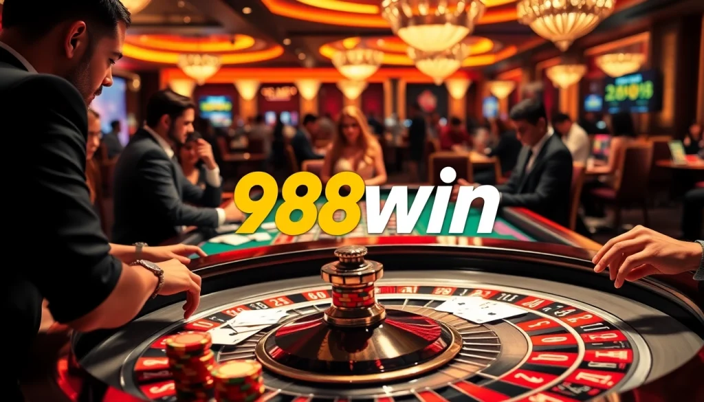 Experience the thrill of 98win at a vibrant casino table with players and poker chips.