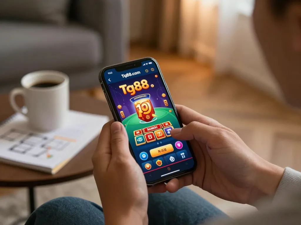 Engage with high-quality gameplay on Tg88.com casino app using a smartphone in a cozy living room
