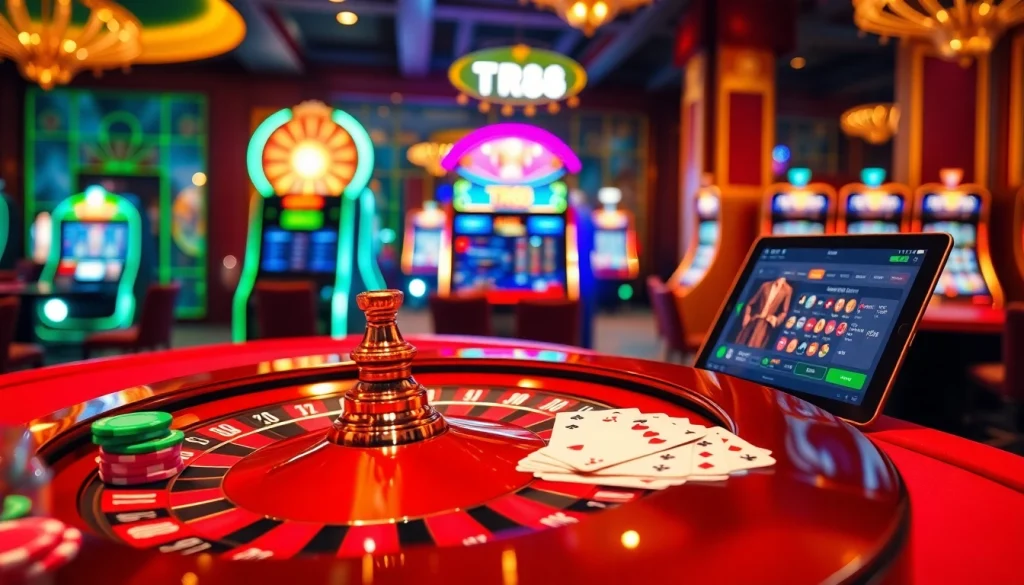 Experience TR88 with vibrant casino elements like a roulette wheel, casino chips, and cards.