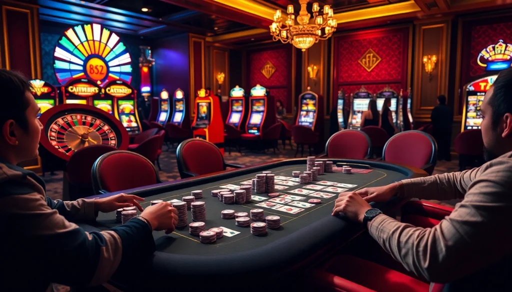 B52 game players engage at a poker table in a luxurious casino ambiance.