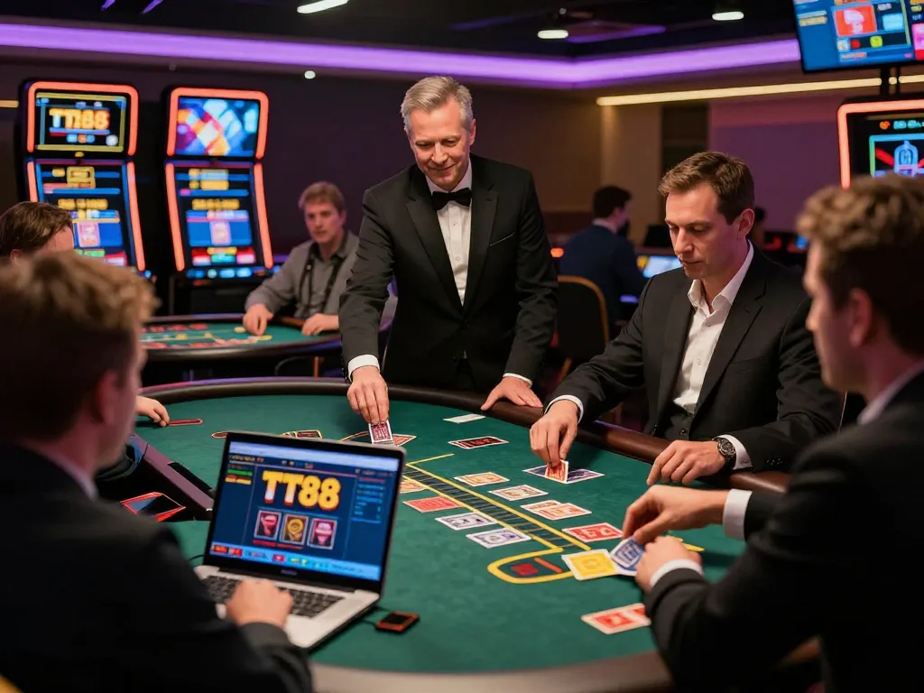 Players engaging in live dealer blackjack on the TT88 platform with cards visible on screens and interactive gameplay.