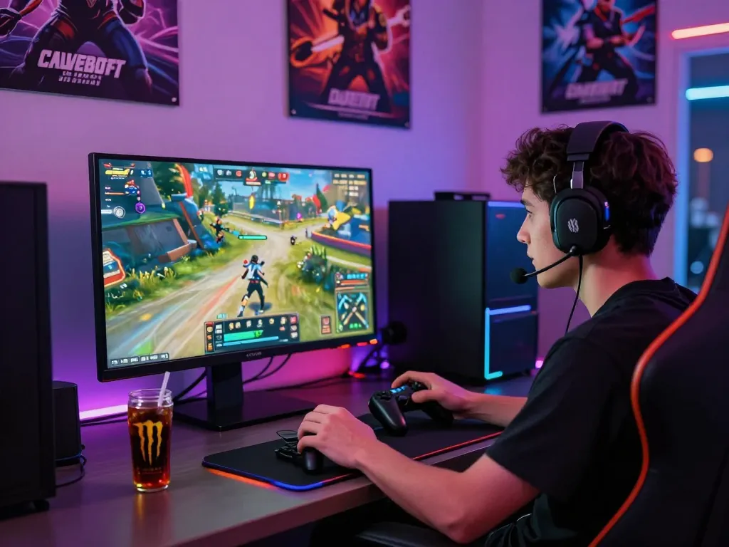 Engaged gamer in dynamic sunwin gaming environment, showcasing vibrant setup and gaming action.