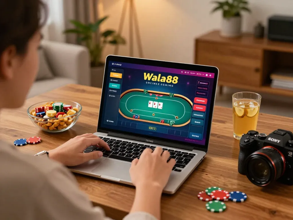 Player engaging in online betting at Wala88, highlighting strategic poker gameplay and a cozy atmosphere