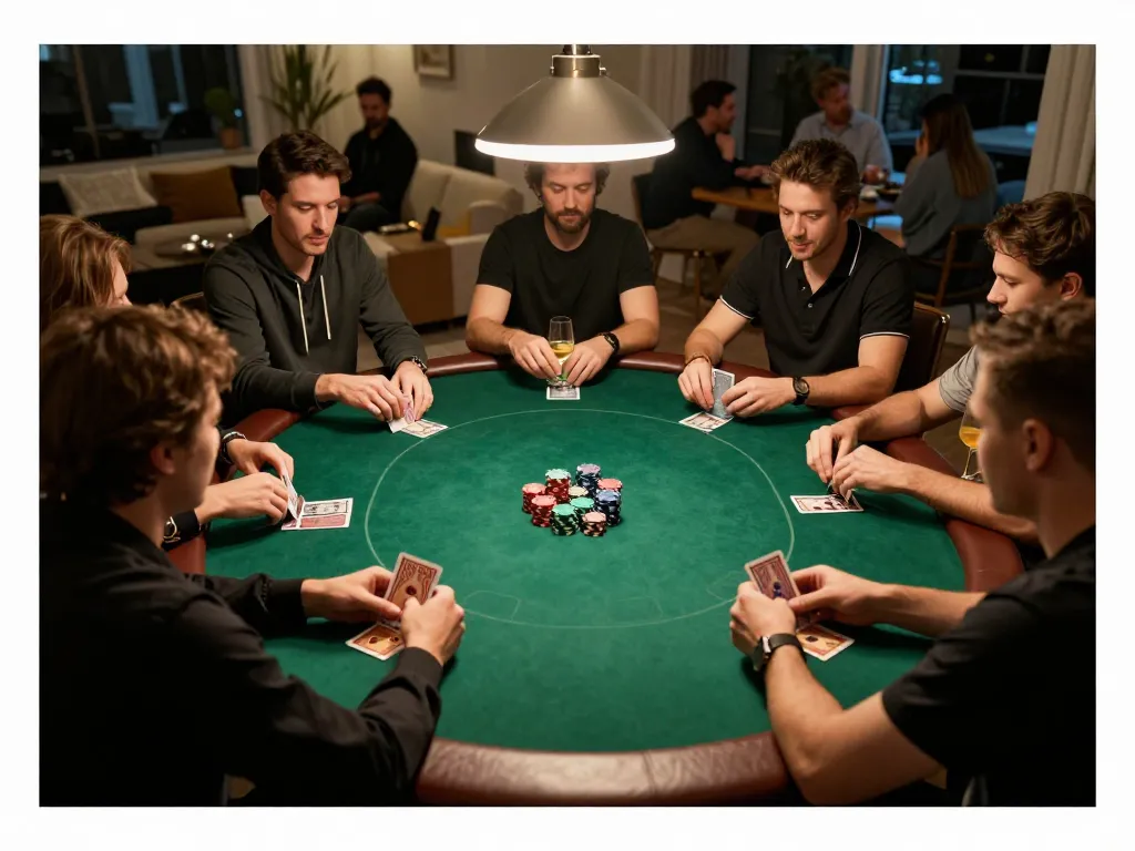 Players engaging in an intense poker game at a private night showcasing 555 WIN excitement with chips and cards.