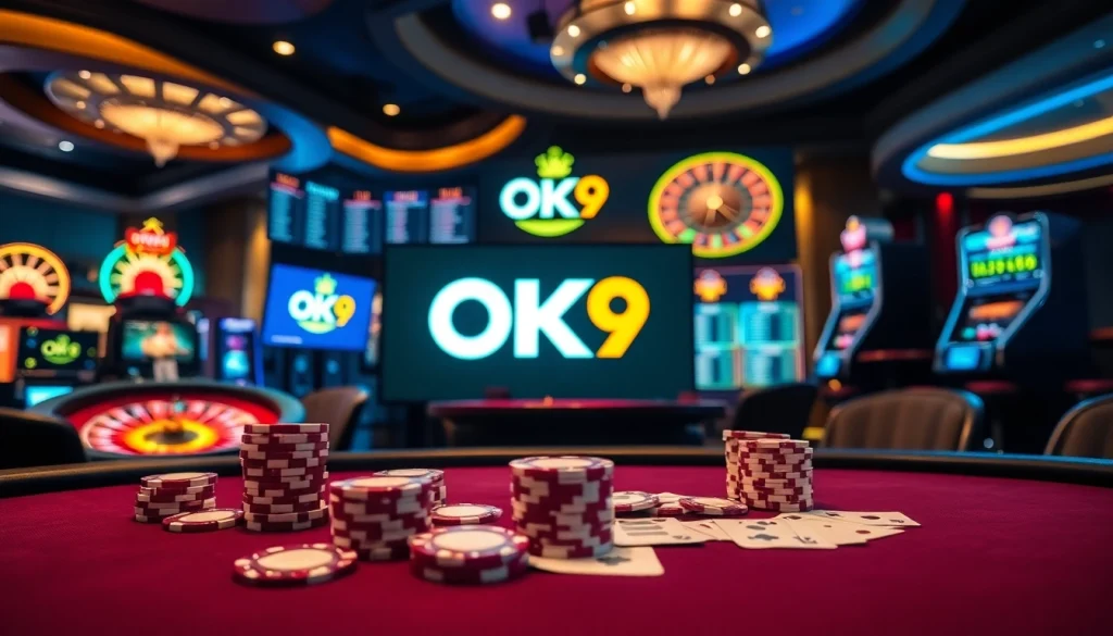 Engaging poker players at an OK9 casino table with vibrant slot machines in the background.