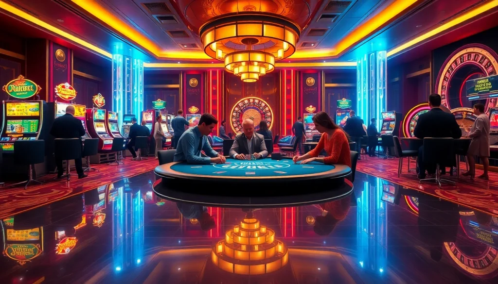 Experience high-stakes gaming at luck8's luxurious casino environment, showcasing intense poker action and vibrant slot machines.