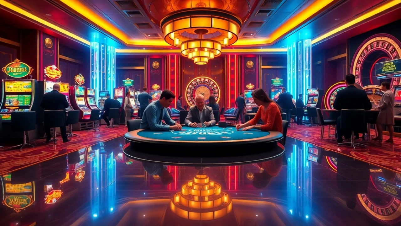 Experience high-stakes gaming at luck8's luxurious casino environment, showcasing intense poker action and vibrant slot machines.