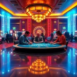 Experience high-stakes gaming at luck8's luxurious casino environment, showcasing intense poker action and vibrant slot machines.