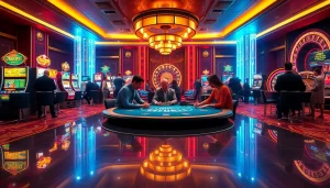 Experience high-stakes gaming at luck8's luxurious casino environment, showcasing intense poker action and vibrant slot machines.