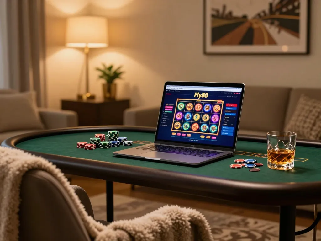 Engaging scene of online gaming at Fly88, showcasing a laptop and casino chips in a cozy setup.