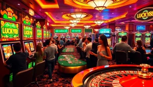 Players enjoying LUCKY88 slot machines in a lively casino atmosphere filled with excitement.