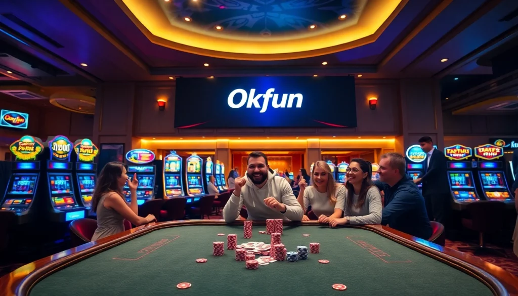 Exciting casino gameplay at Okfun with vibrant slot machines, poker chips, and players engaged in action.