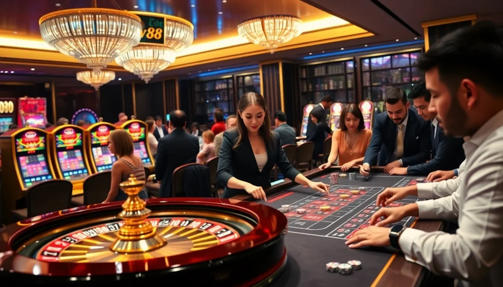 Experience thrilling gambling action at EV88, featuring an elegant casino atmosphere with vibrant gaming tables.