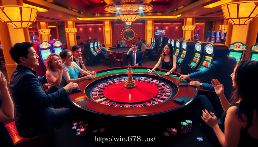 Experience intense gaming action at https://win678.us/ with players excitedly gathering around vibrant casino tables.