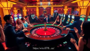 Experience intense gaming action at https://win678.us/ with players excitedly gathering around vibrant casino tables.