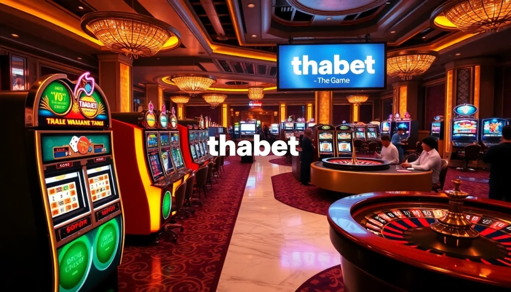 Engaging scene with thabet logo at a bustling casino featuring slot machines and poker tables.