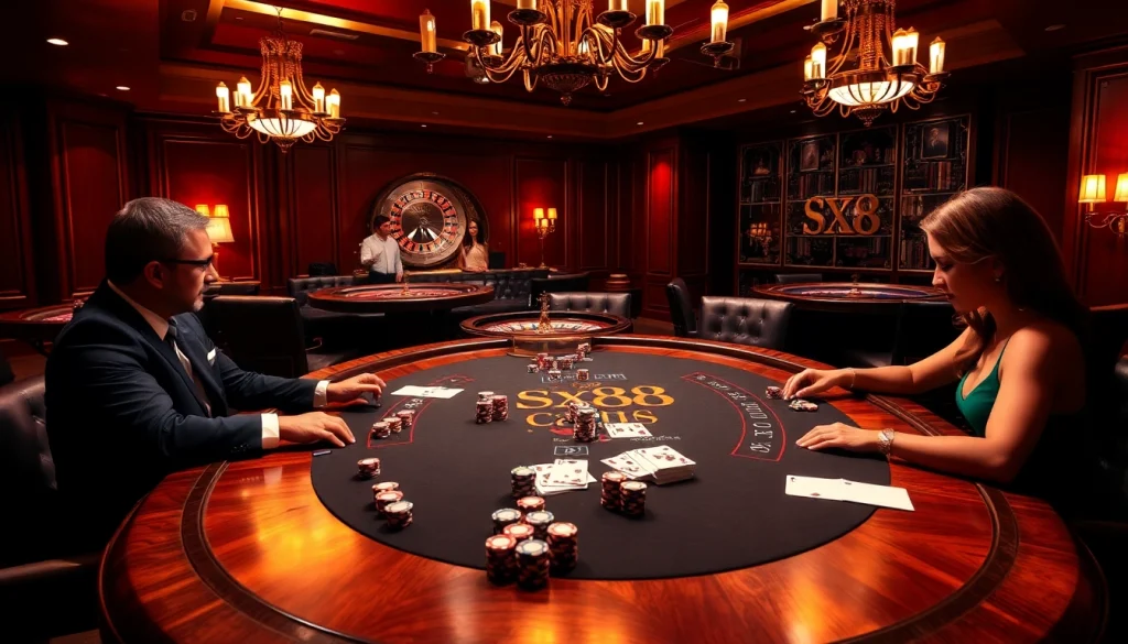 Players enjoying an exciting poker game at sx88 casino, showcasing vibrant chips and casino atmosphere.