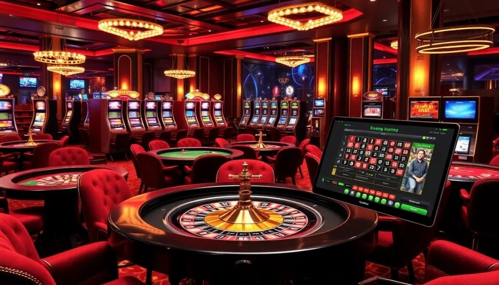 Experience thrilling online gambling at https://luongsontv5.com/ with vibrant casino gaming tables and luxury decor.