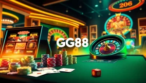 Experience the thrill of GG88 gaming with vibrant casino visuals, featuring poker chips and slot machines.