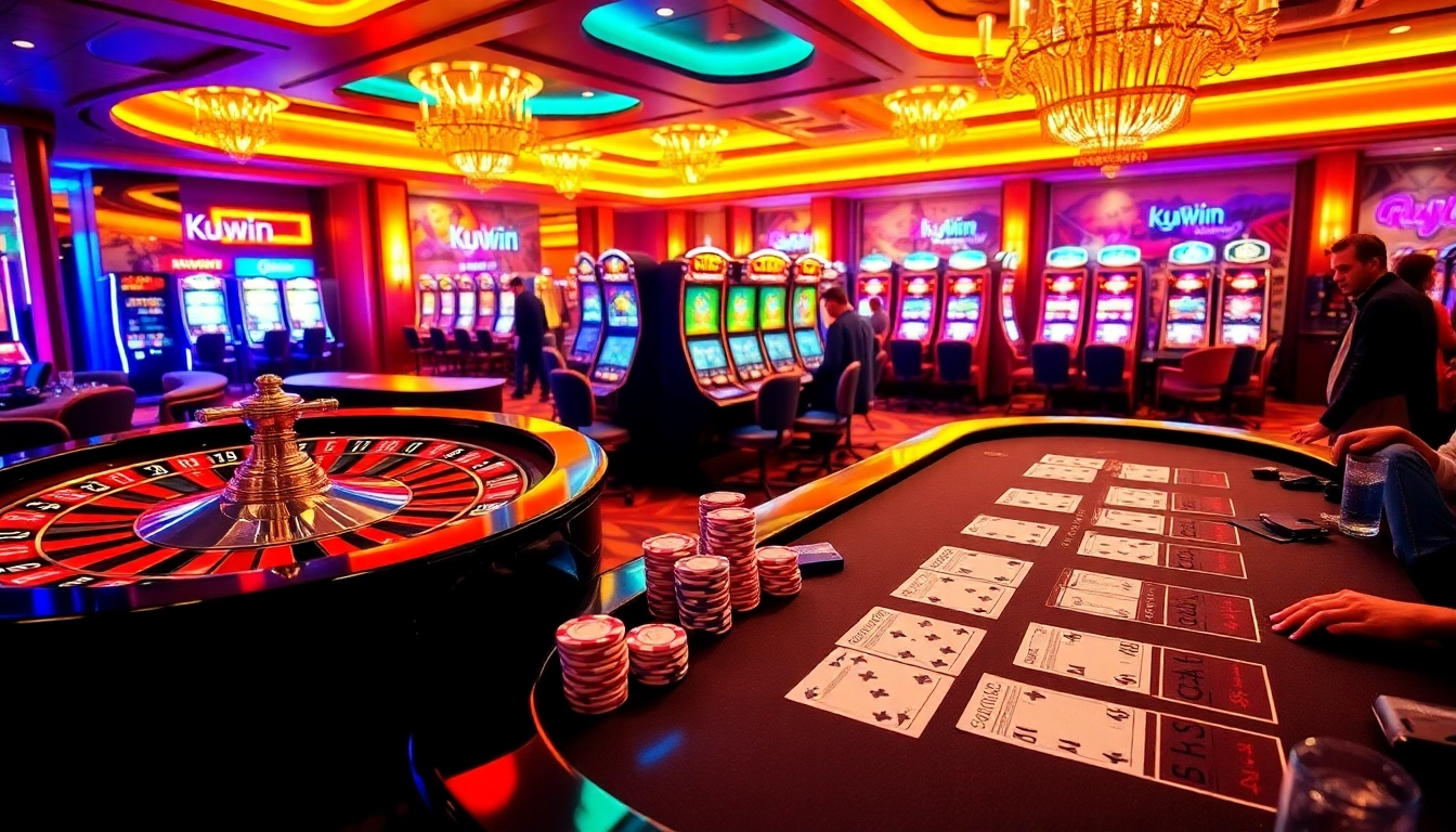 Experience the excitement of kuwin gaming with vibrant casino tables, spinning roulette, and poker chips.