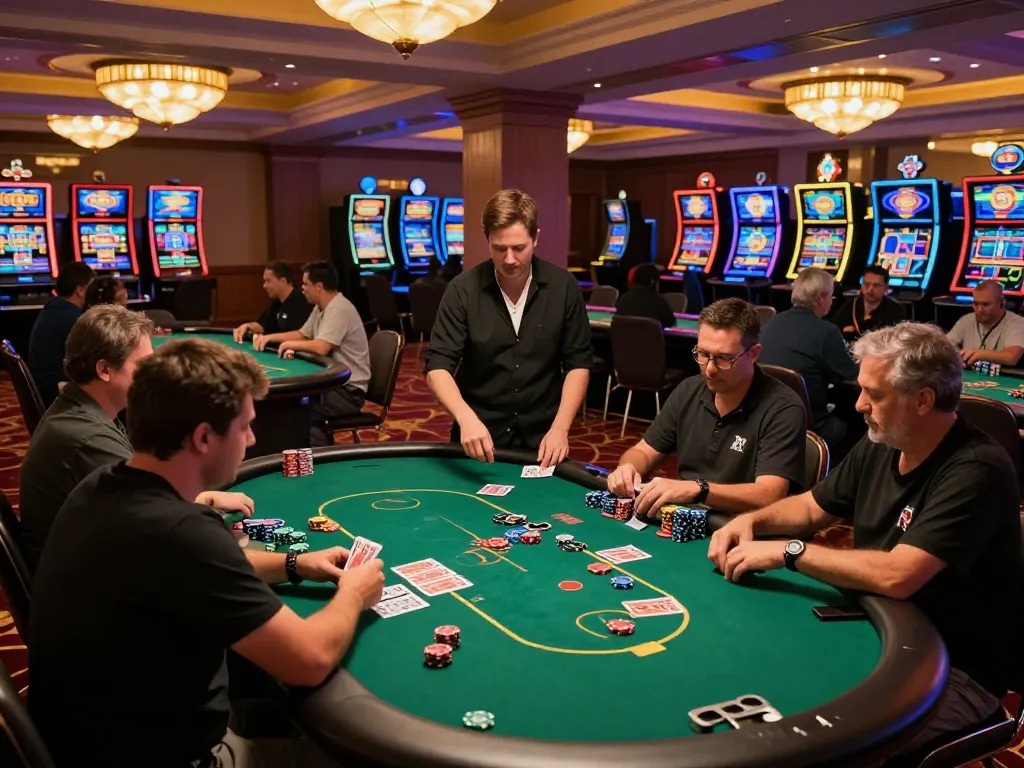 Players at Go8 casino engaging in an intense poker game under warm ambient lighting.