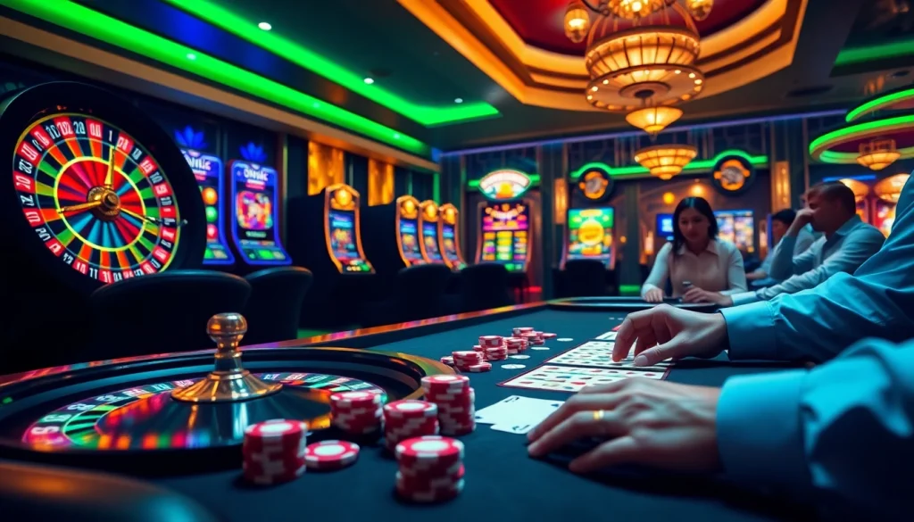 Exciting scene at https://58win.watch/ featuring players at a luxurious casino table with vibrant slot machines.