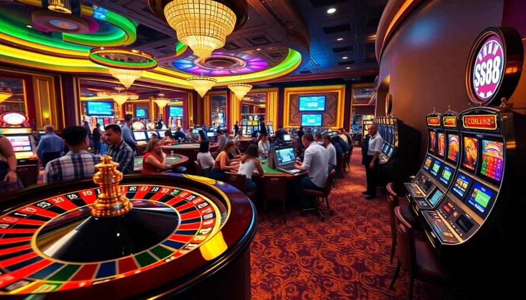 Engaging scene of a vibrant casino with roulette wheel, tables, and sc88 betting interface.