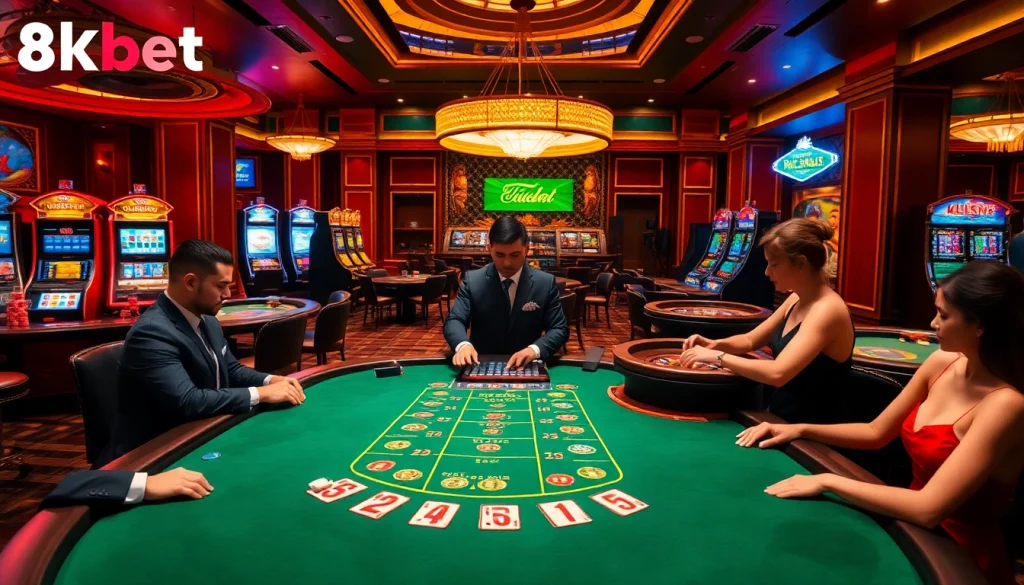 Players engaging in a thrilling blackjack game at 8kbet casino, surrounded by vibrant slot machines and luxurious décor.