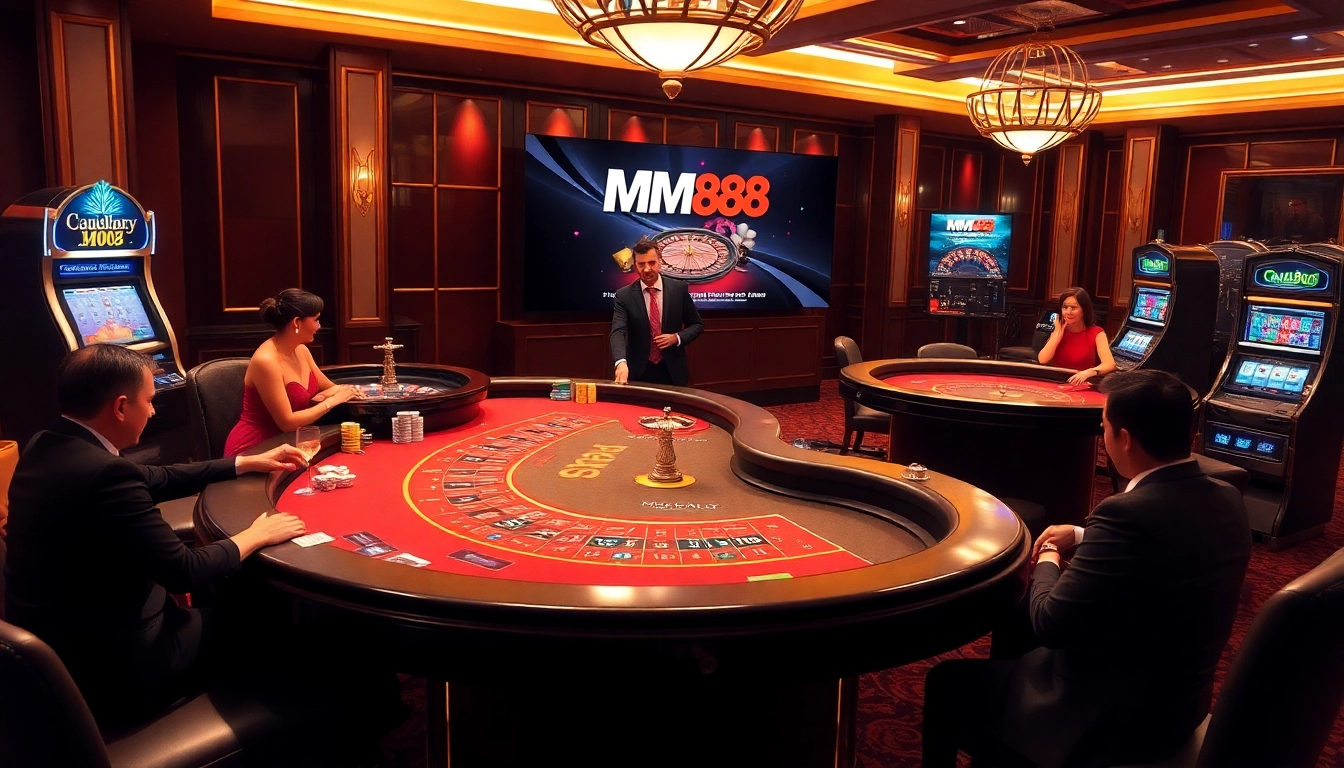 Experience thrilling gameplay at MM88 casino table with stylish players and vibrant poker chips.