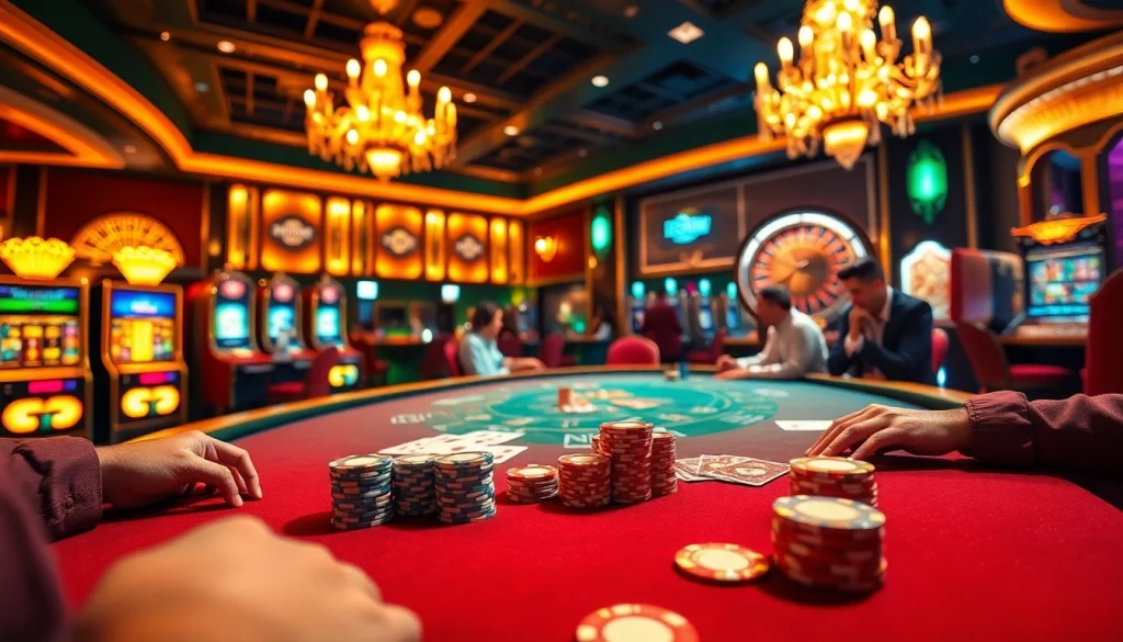 Experience high-stakes gambling excitement at a KUWIN casino poker table with colorful chips and cards.