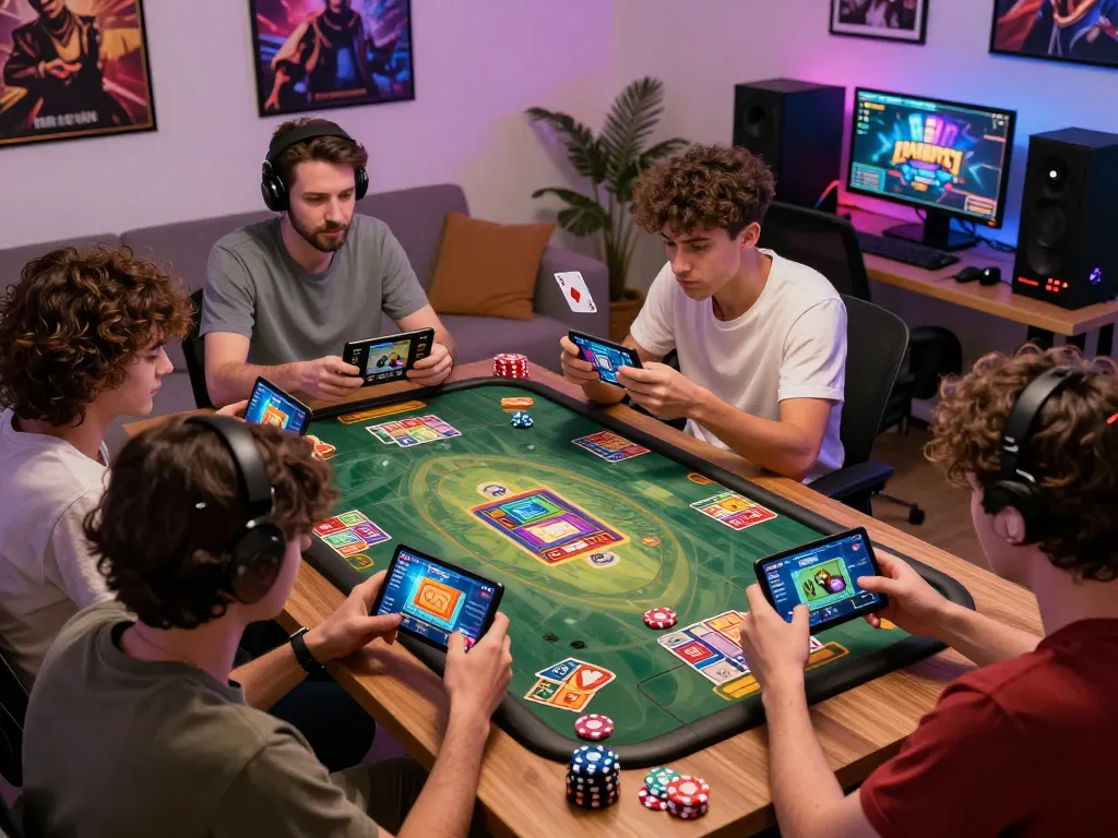 Engaged players enjoying Game bài on mobile devices in a lively gaming atmosphere.