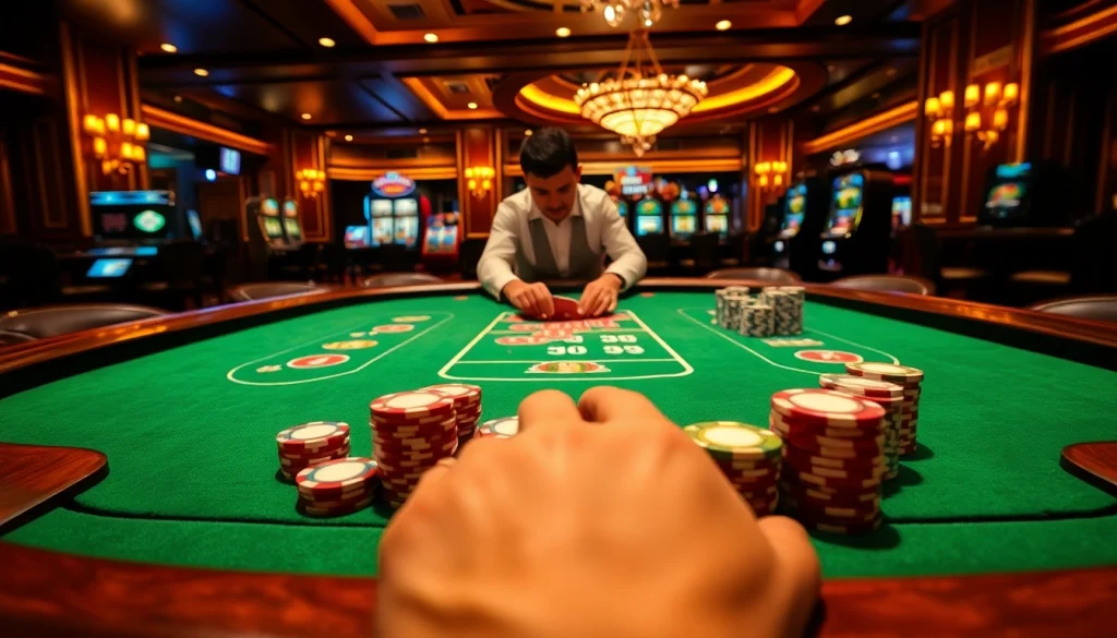 Experience thrilling gambling with link S8 at a luxurious poker table surrounded by vibrant slot machines.