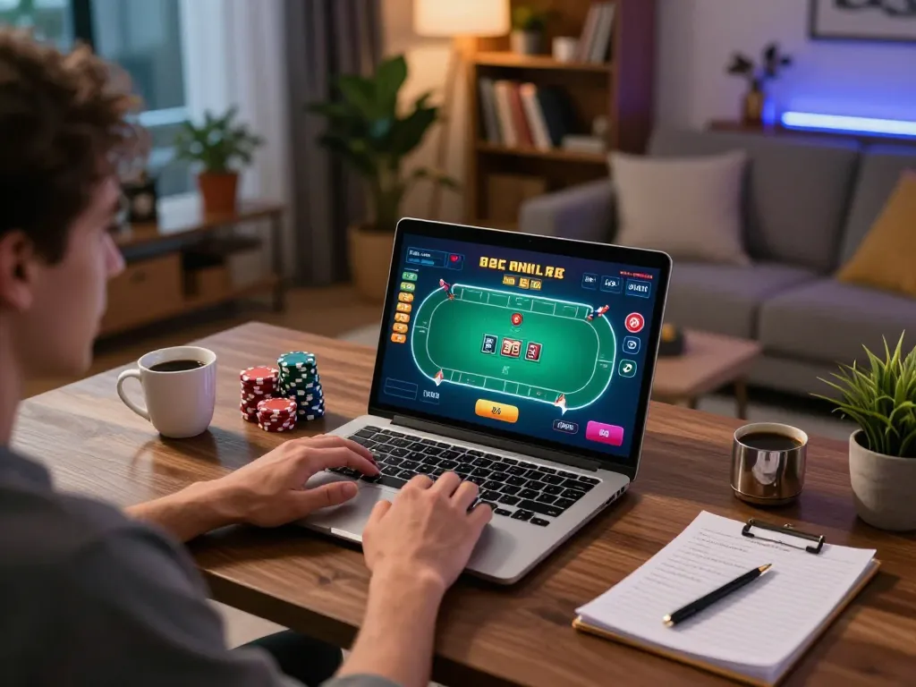 Experience high-stakes poker at UG88 with a player deeply engaged in the online game, showcasing strategic gameplay and cozy environment.