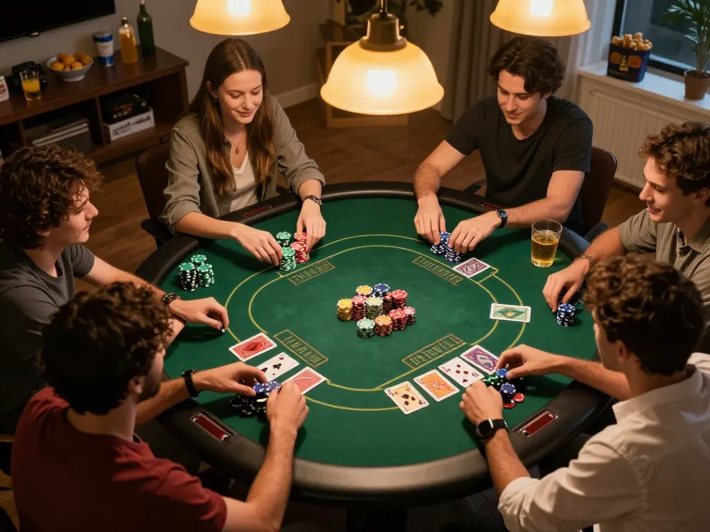 Sunwin poker night action with friends enjoying a game, chips and cards laid out, warm ambiance.