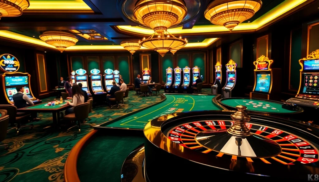 Engaging casino scene showcasing NK88 online gambling with vibrant roulette and poker games.