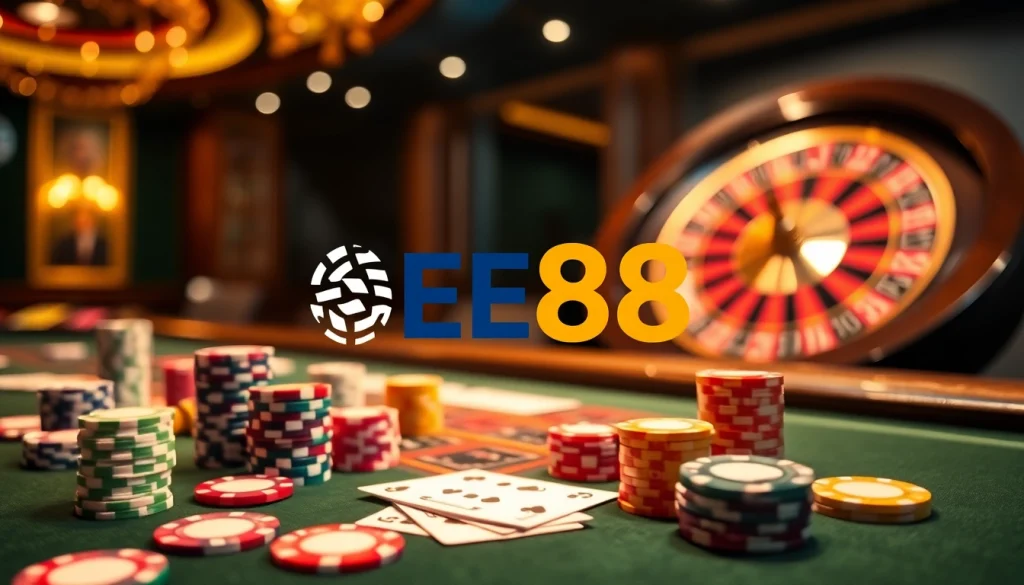 Engaging EE88 online casino scene with poker chips and roulette wheel.