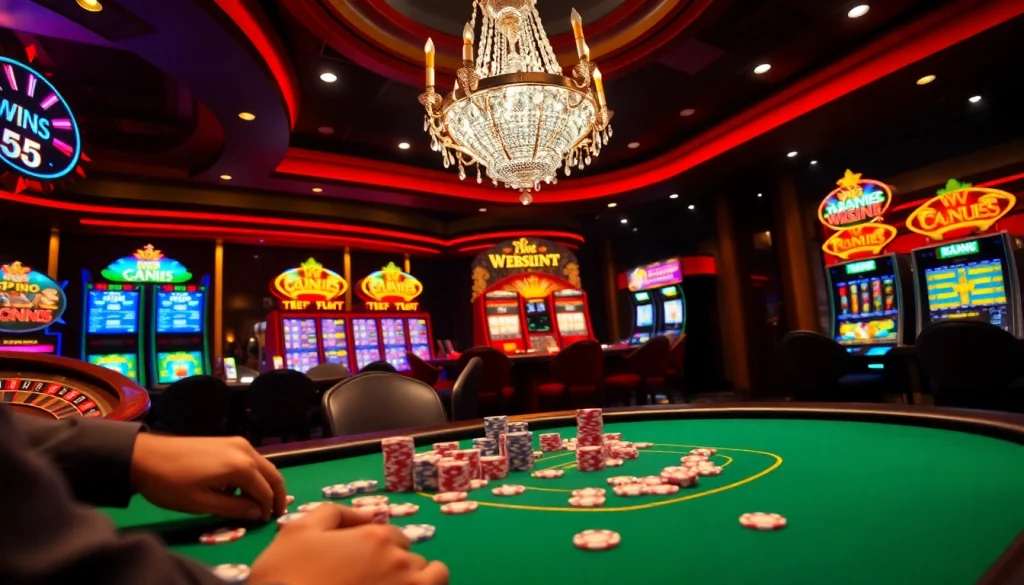 Win55 poker action with vibrant chips and a thrilling casino ambiance.