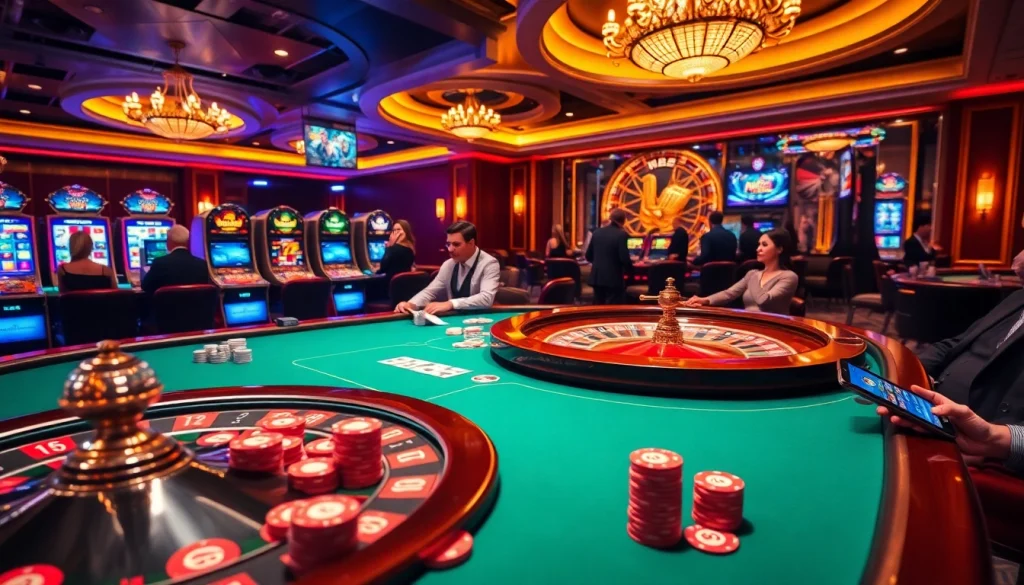 A lively casino scene with players engaged in poker, highlighting QQ88's excitement and luxury.