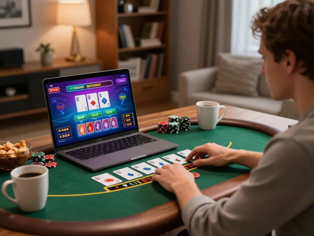 Engaging in an online okfun blackjack game from home, showcasing vibrant interface and strategic gameplay