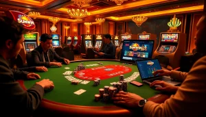 Engaged players at a poker table illustrating Đăng ký Sunwin excitement in a luxurious casino setting.