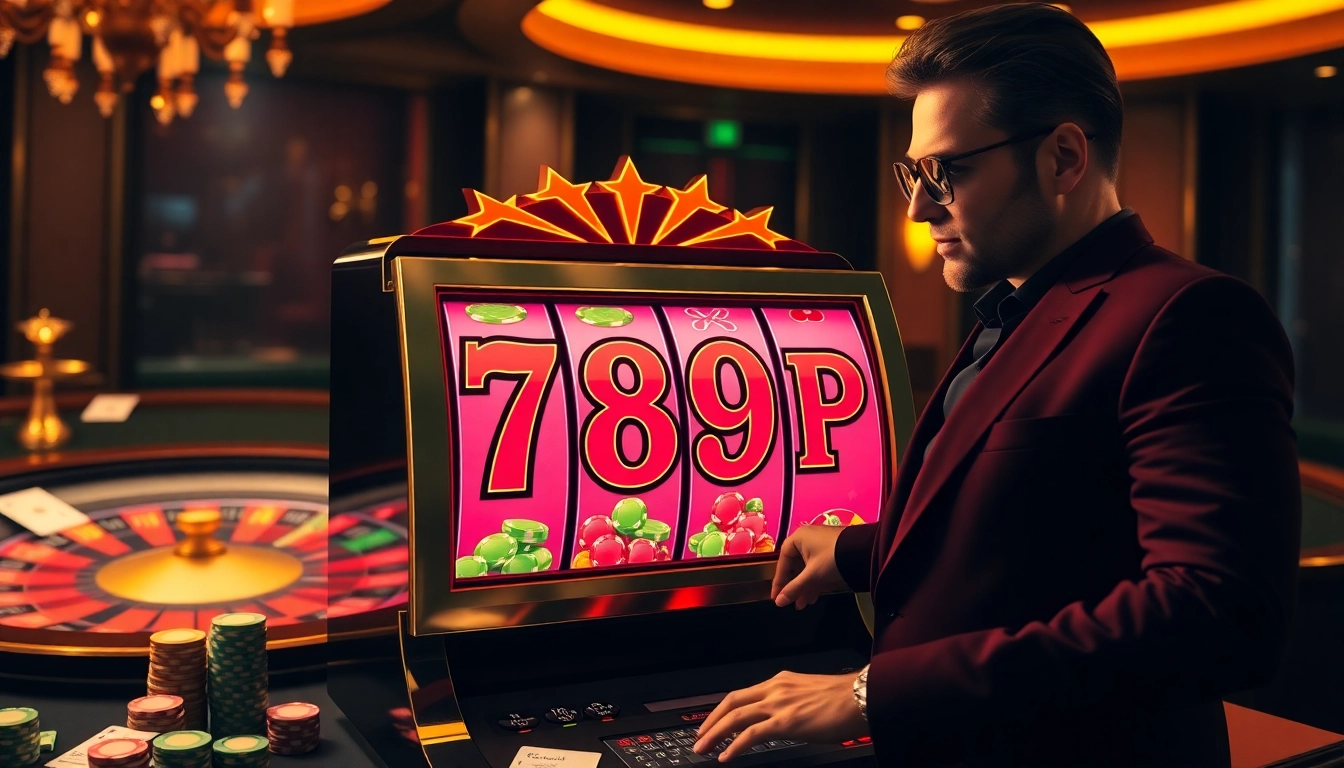 Spin the vibrant slot machine featuring 789P, surrounded by roulette tables and colorful poker chips.