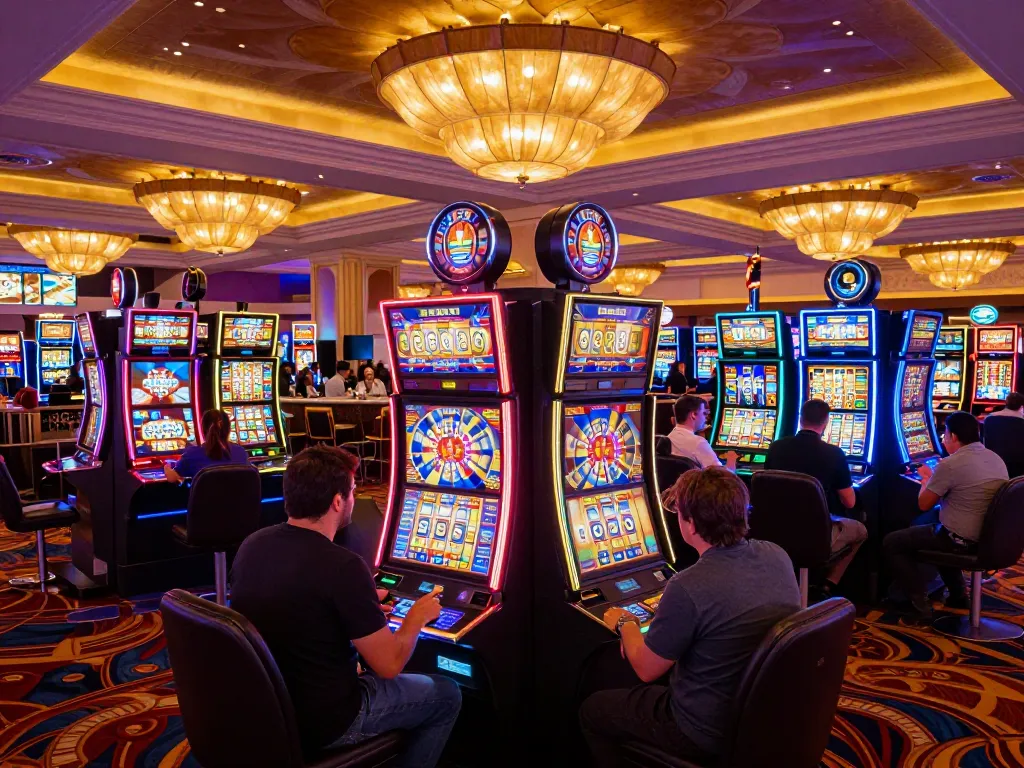 C168 players enjoying vibrant slot machines at a lively casino, celebrating wins and responsible gaming.