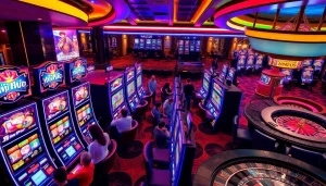 Excited players enjoying nổ hũ slot machines in a vibrant casino atmosphere.
