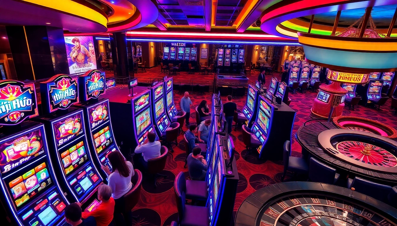 Excited players enjoying nổ hũ slot machines in a vibrant casino atmosphere.