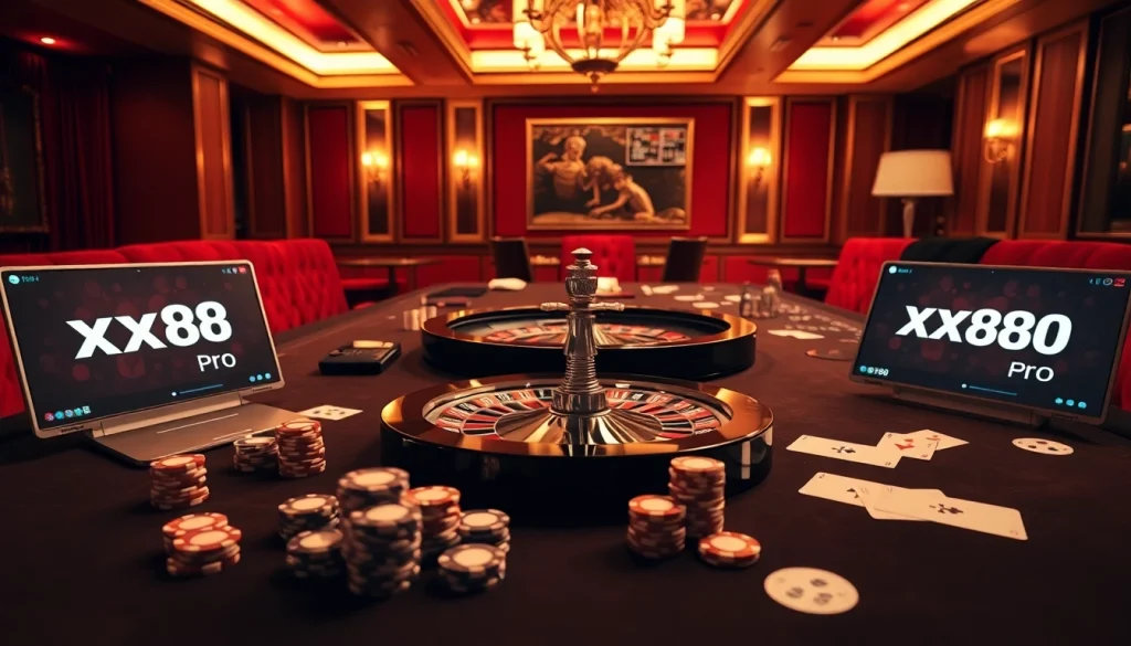 Experience the thrill of gaming with xx88 pro at an elegant casino table filled with poker chips and cards.