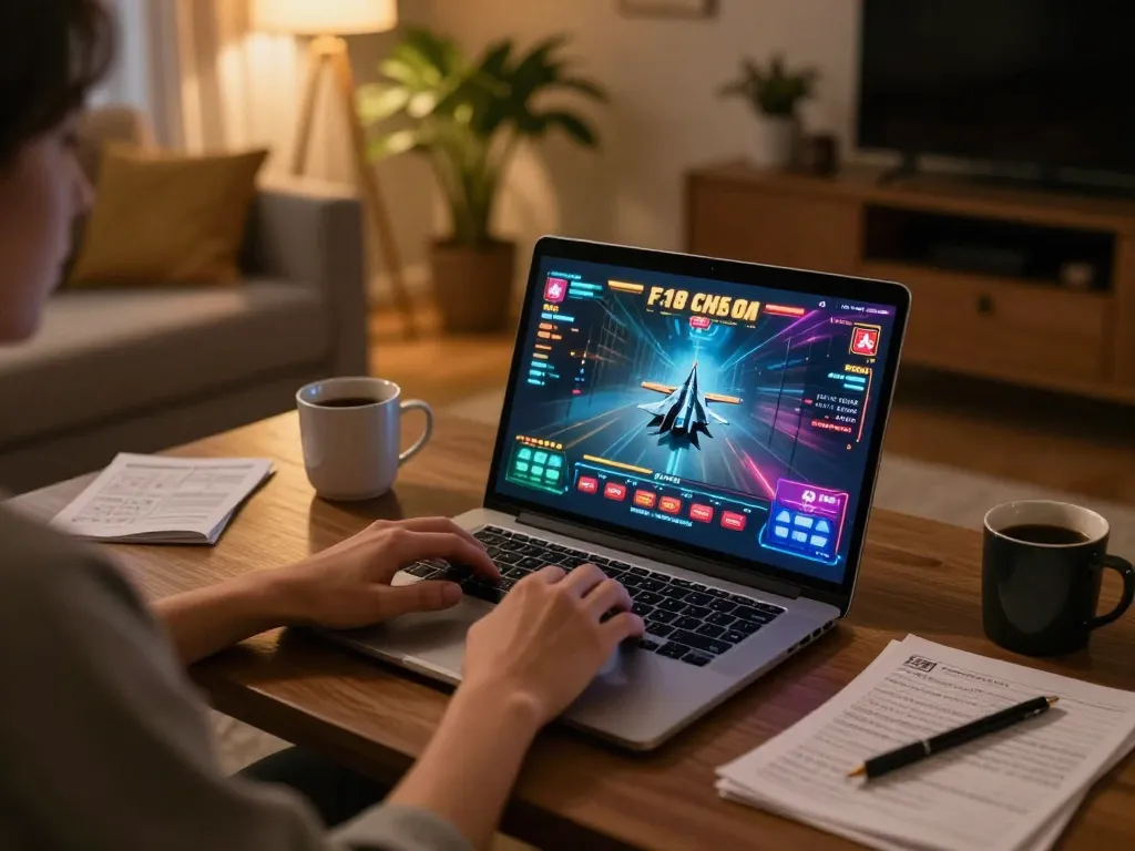 Engaging with F168 online casino games at home, highlighting a cozy gaming scene with strategy notes.