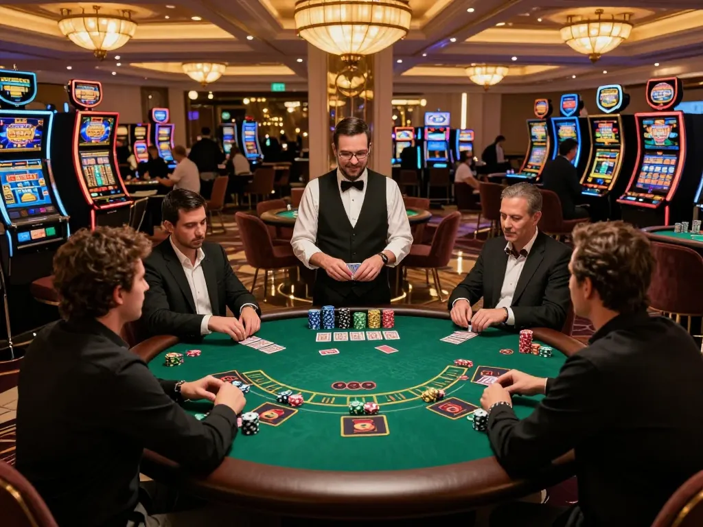 Hitclub players strategizing at a blackjack table in a vibrant casino atmosphere