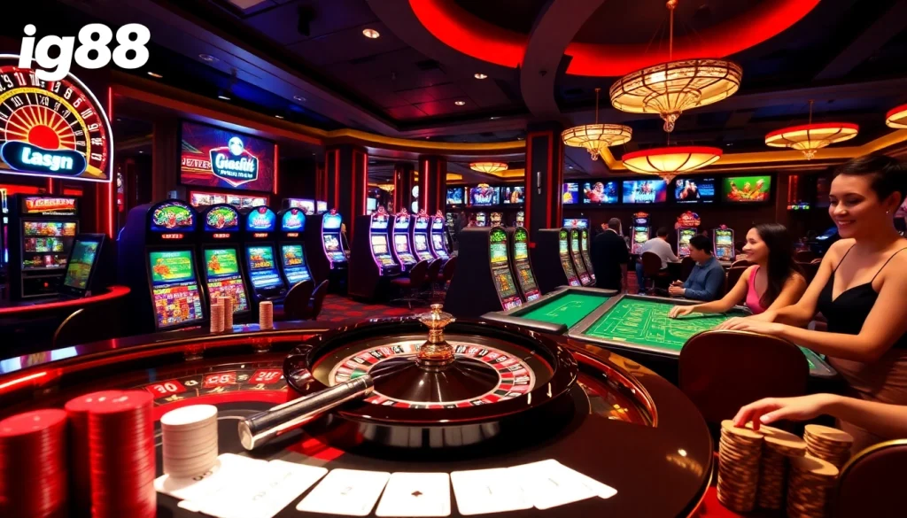 Experience the thrill of gambling at iq88, featuring a luxurious casino scene with poker chips and a roulette wheel.