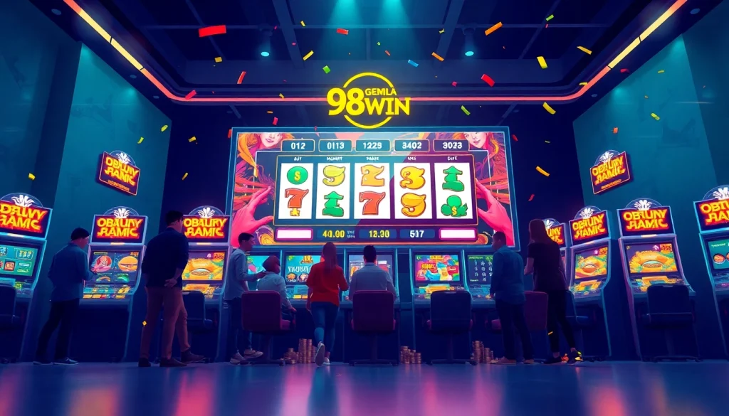 Engaging 98WIN online gaming experience showcasing vibrant slot machines and excited players.