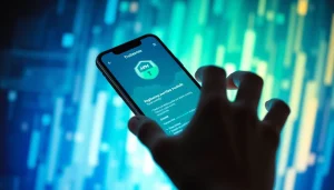 快连下载应用界面在智能手机上展示，带有鲜明的科技设计。